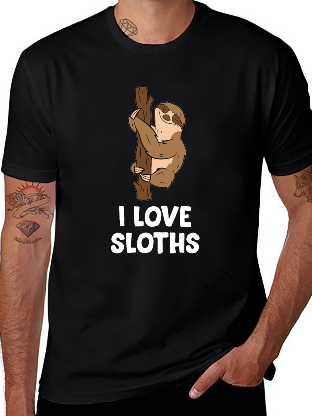 I Love Sloths Black Cotton T-Shirt