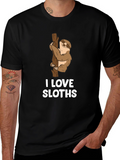 I Love Sloths Black Cotton T-Shirt