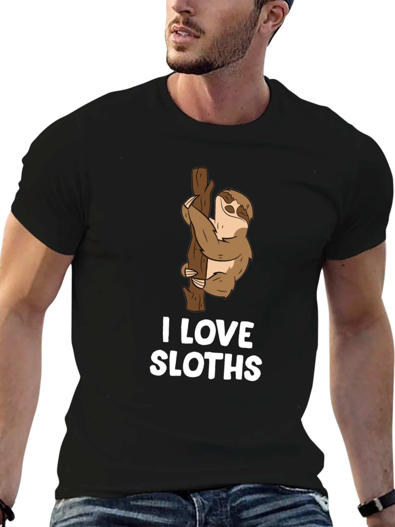 I Love Sloths Black Cotton T-Shirt