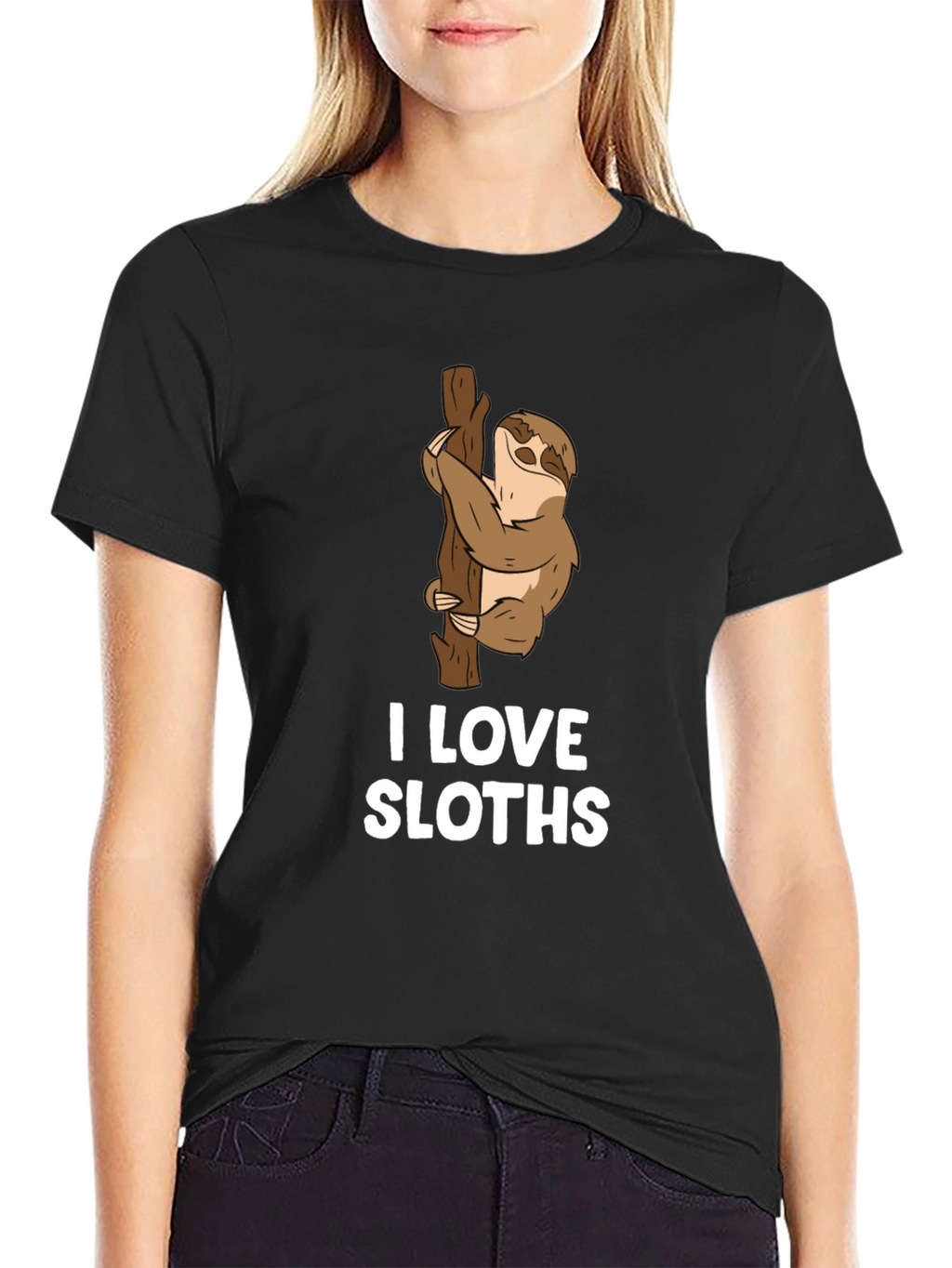 I Love Sloths Black Cotton T-Shirt