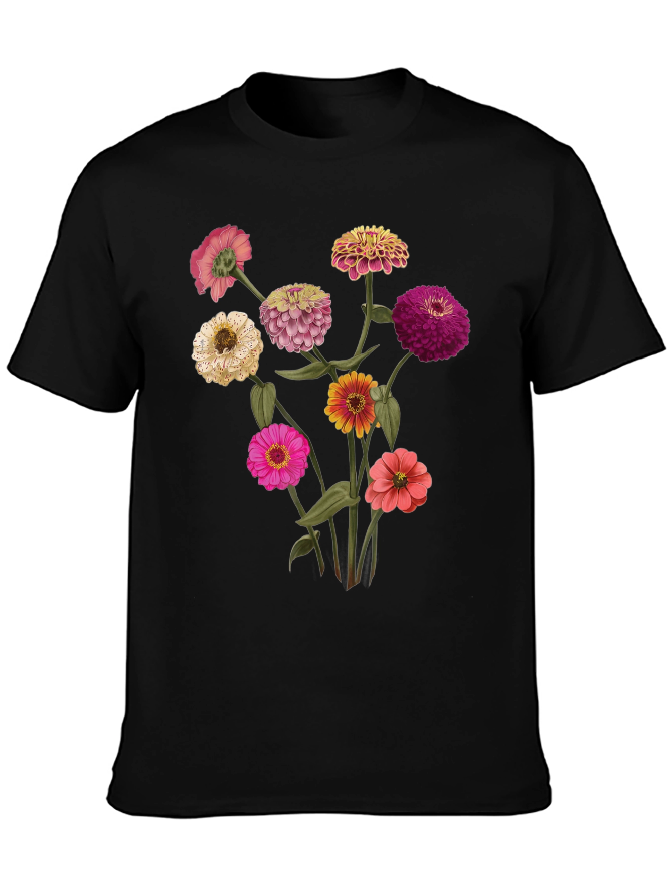 Floral Zinnia Graphic Tee - Black Cotton Casual Shirt