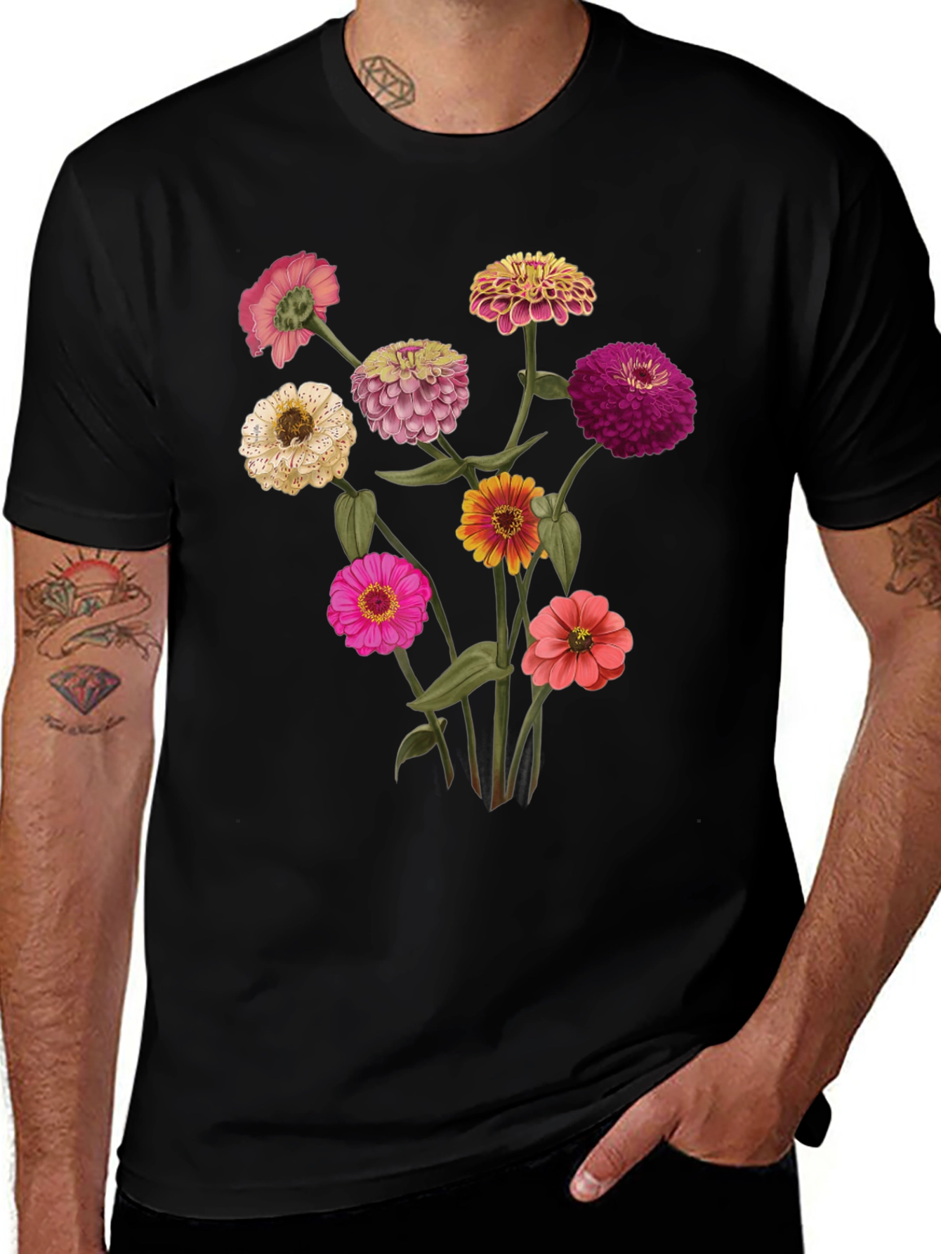 Floral Zinnia Graphic Tee - Black Cotton Casual Shirt