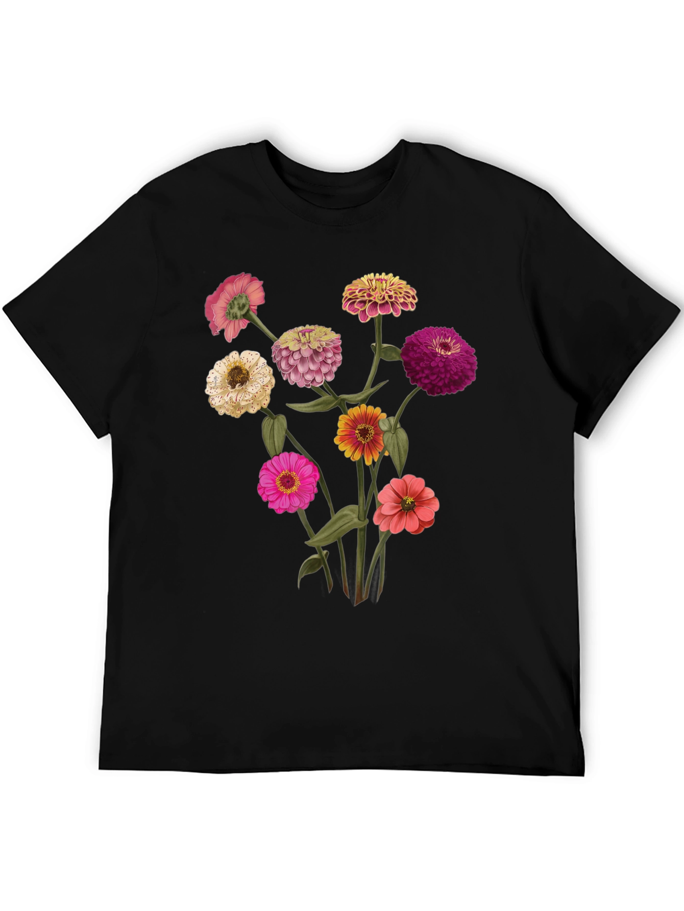 Floral Zinnia Graphic Tee - Black Cotton Casual Shirt