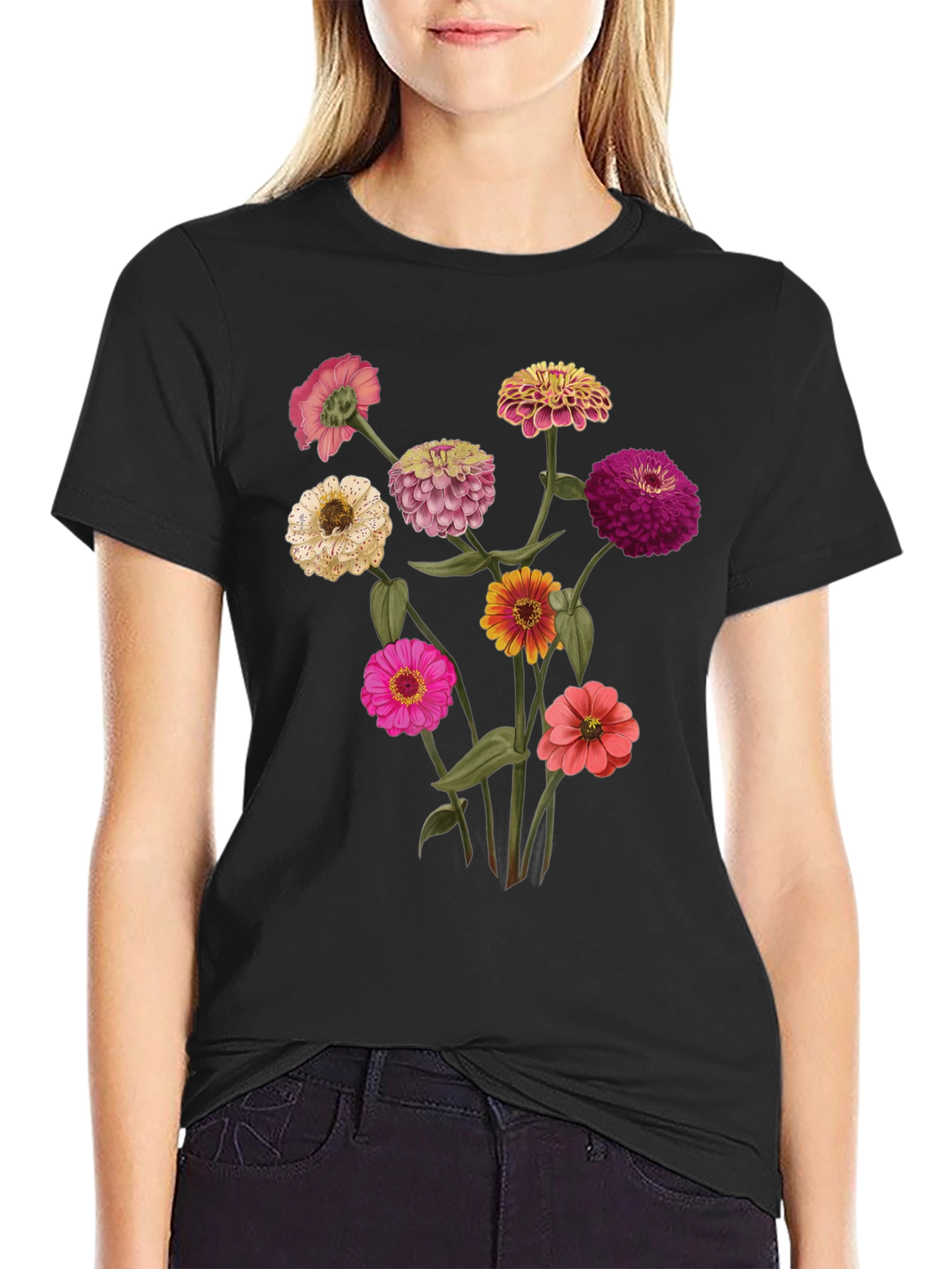 Floral Zinnia Graphic Tee - Black Cotton Casual Shirt