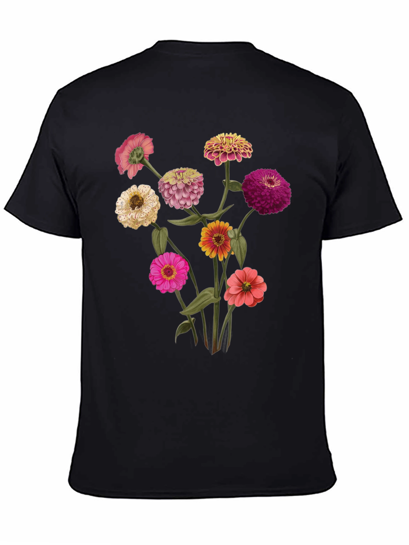 Floral Zinnia Graphic Tee - Black Cotton Casual Shirt