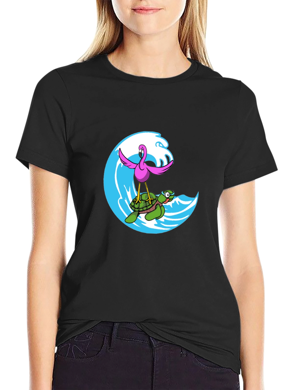 Flamingo Turtle Wave Black T-Shirt