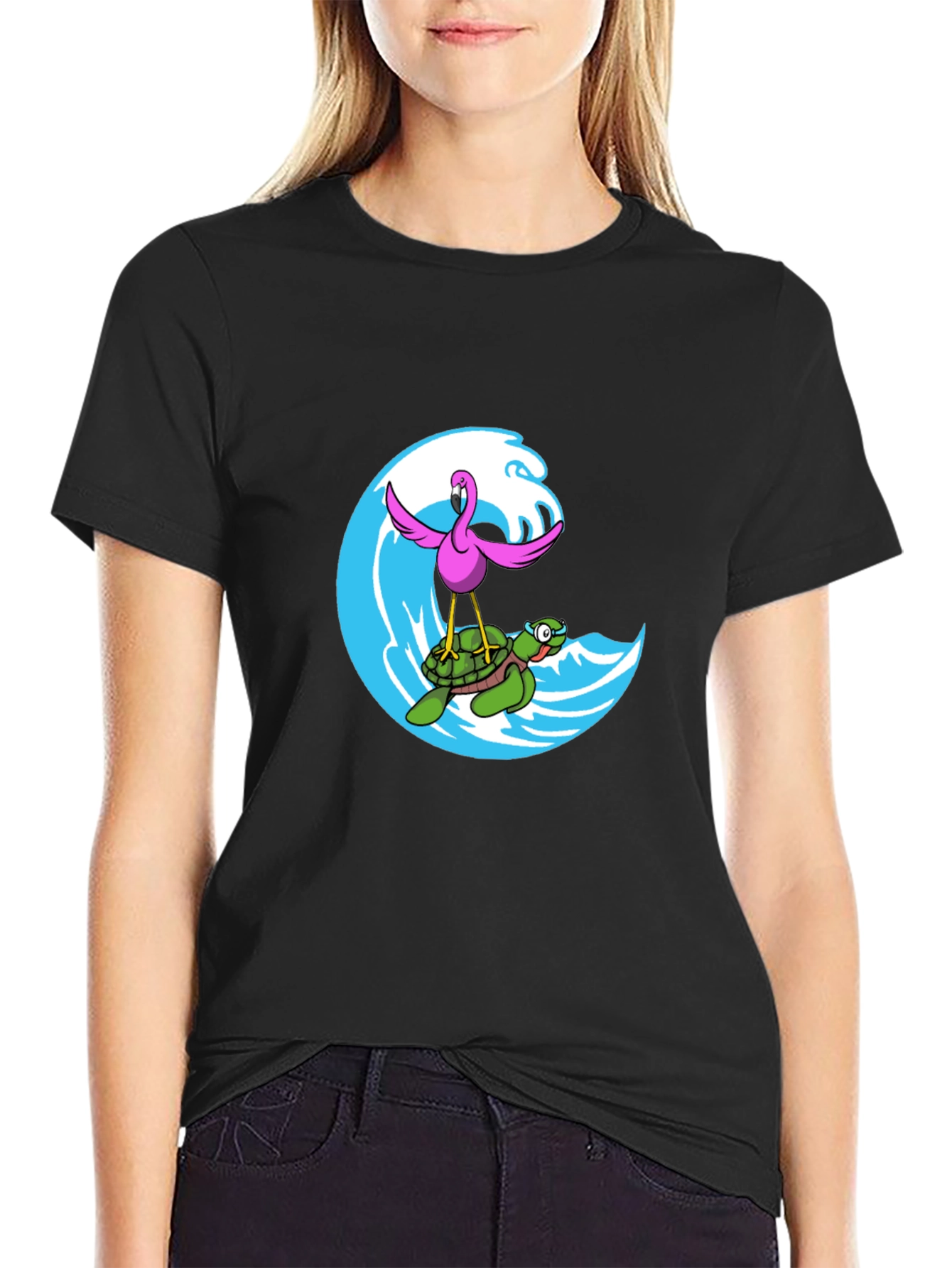Flamingo Turtle Wave Black T-Shirt