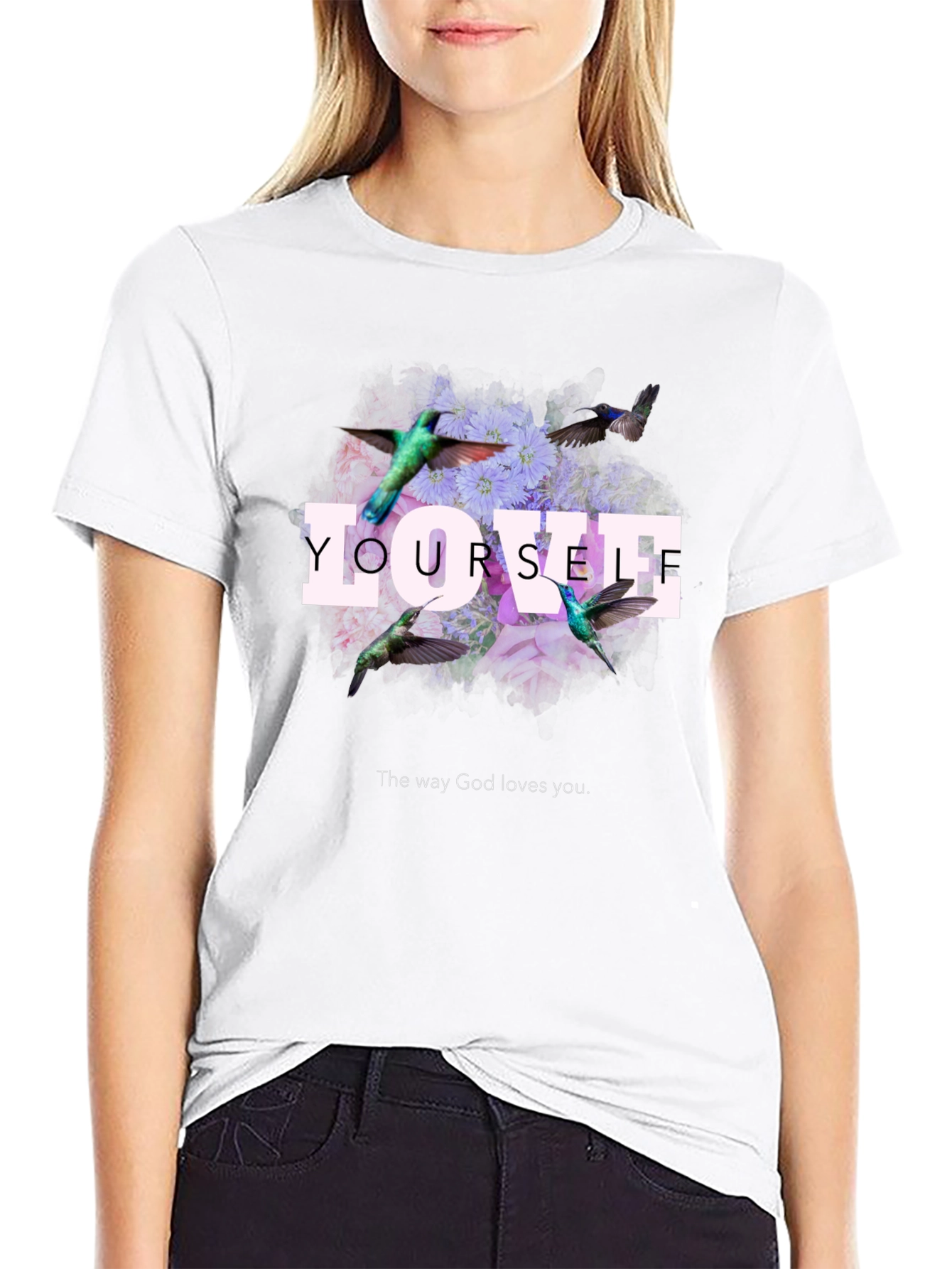 Love Yourself Floral Hummingbird Graphic T-Shirt