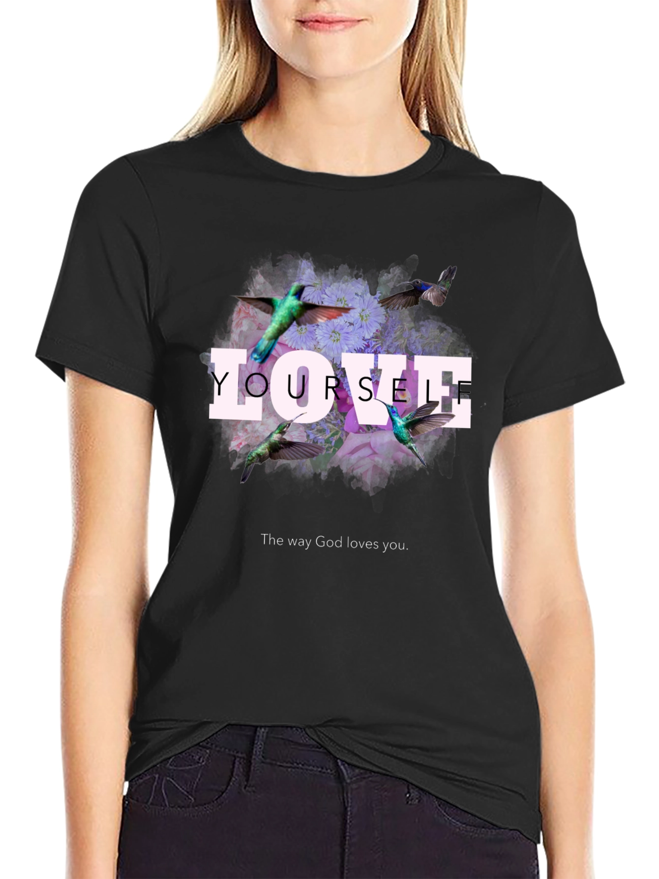 Love Yourself Floral Hummingbird Graphic T-Shirt