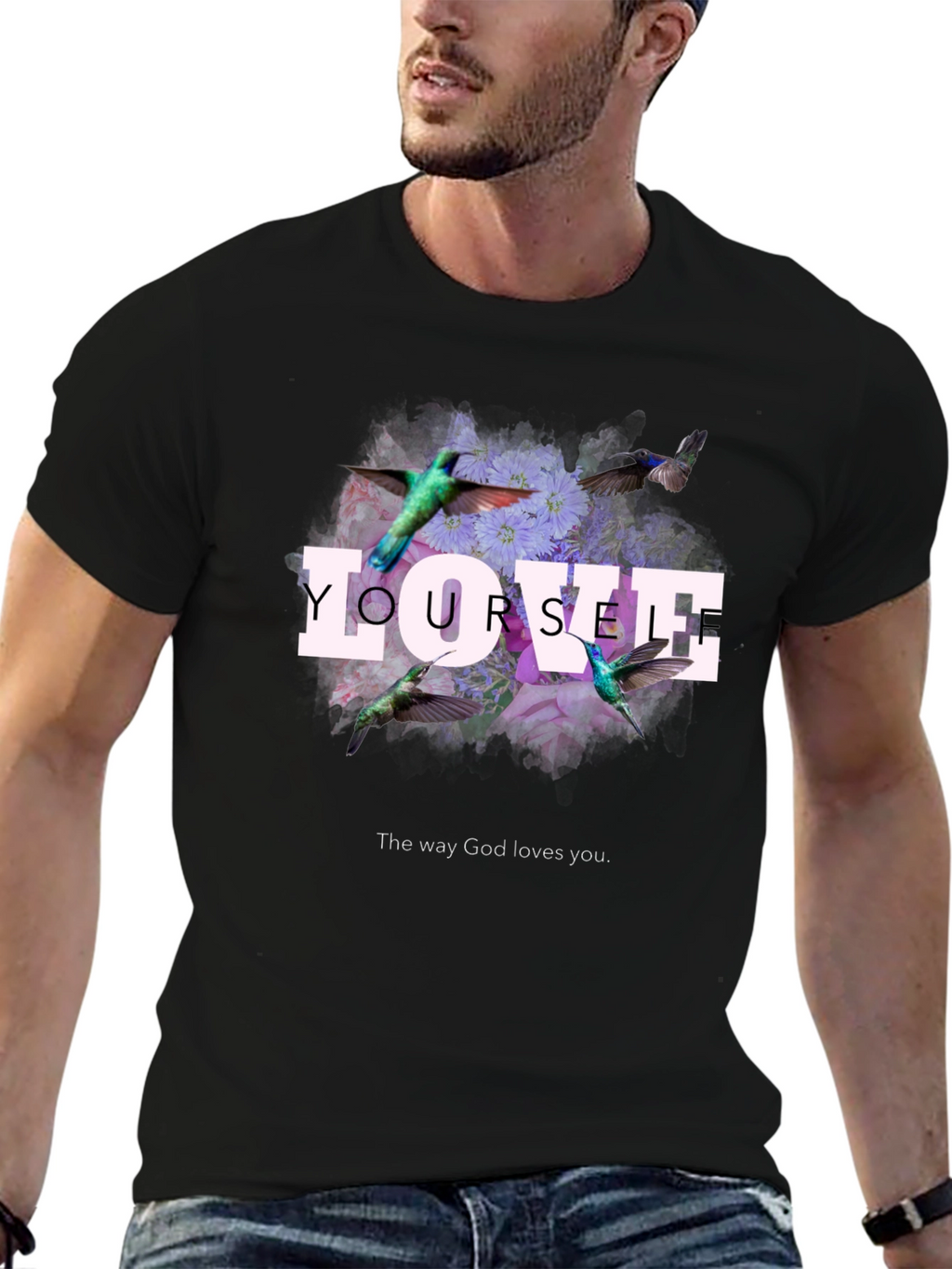 Love Yourself Floral Hummingbird Graphic T-Shirt