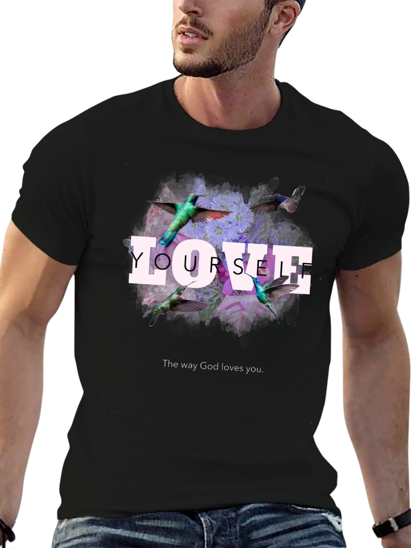 Love Yourself Floral Hummingbird Graphic T-Shirt