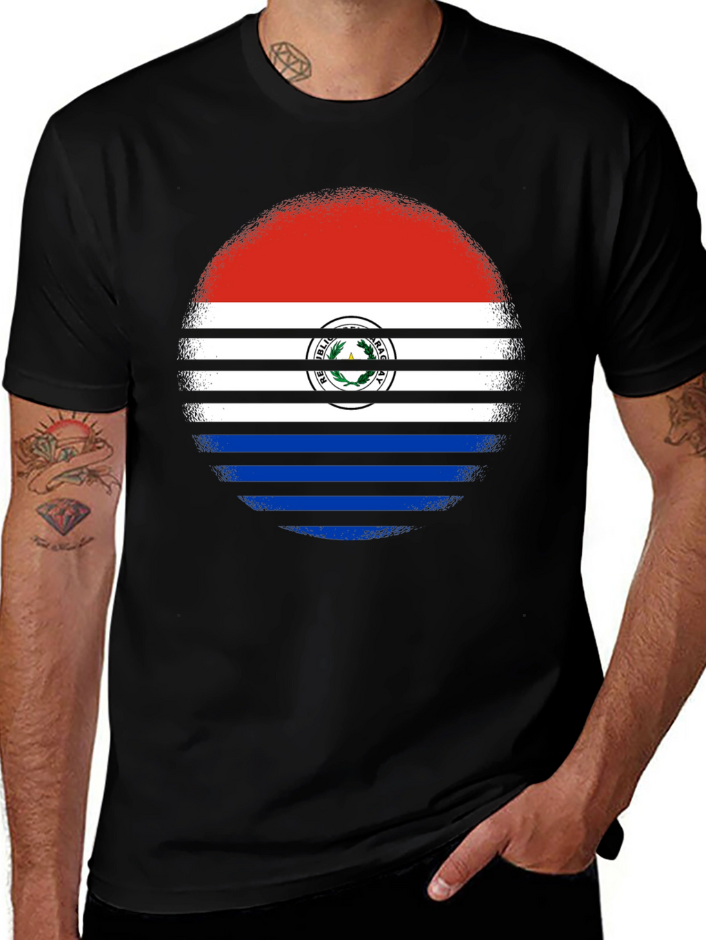 Paraguay Flag Circle Graphic Tee - Black Cotton Shirt