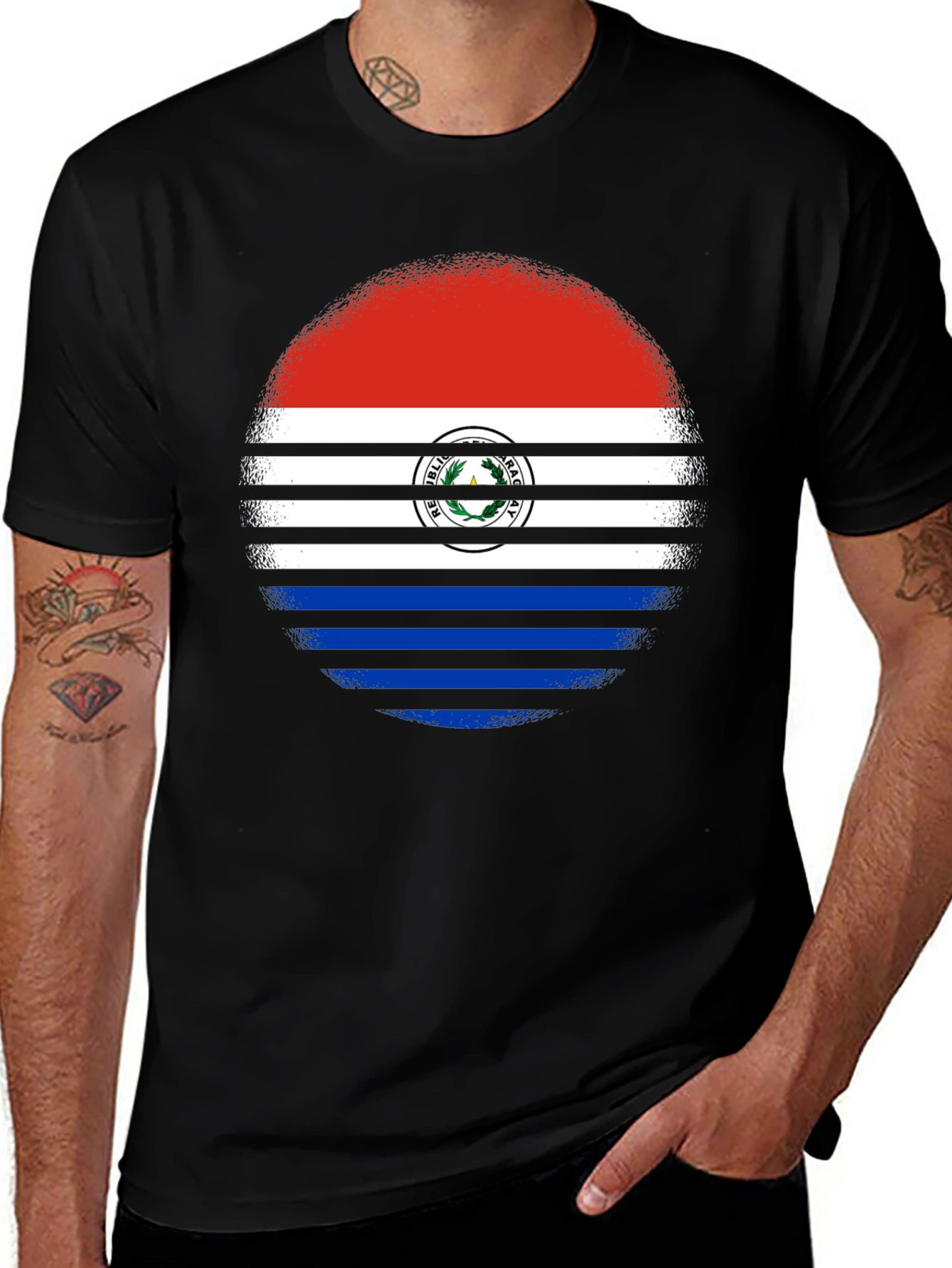 Paraguay Flag Circle Graphic Tee - Black Cotton Shirt