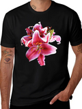 Floral Lily Print Black T-Shirt