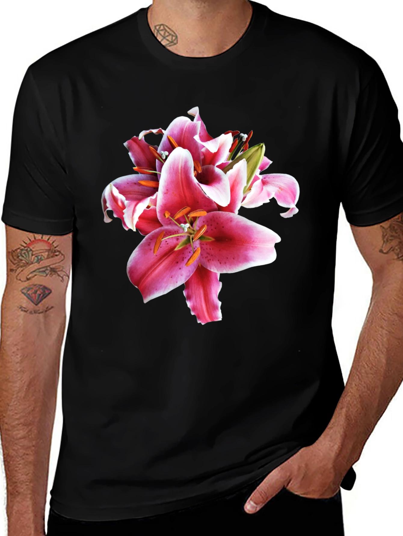 Floral Lily Print Black T-Shirt