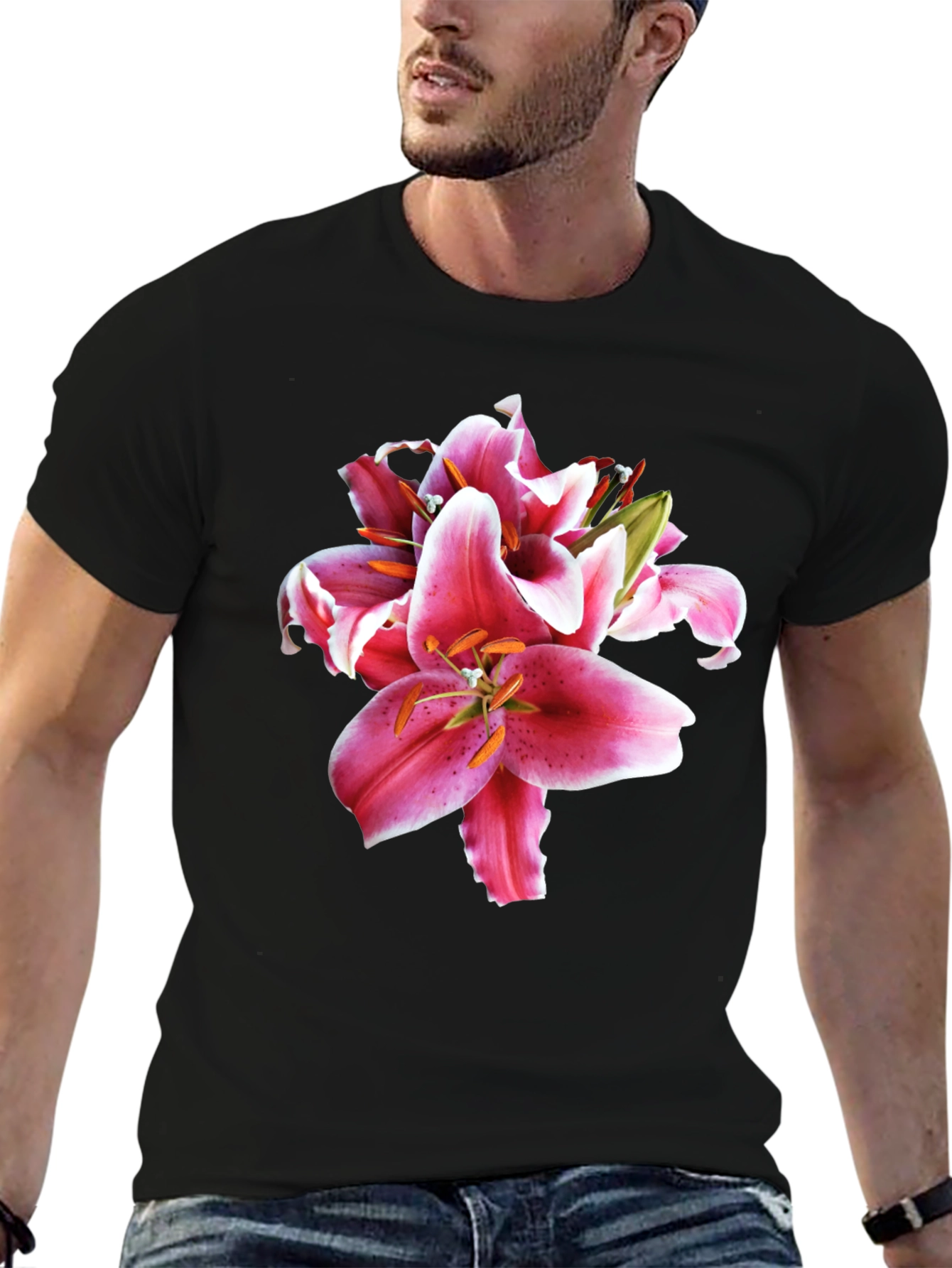 Floral Lily Print Black T-Shirt
