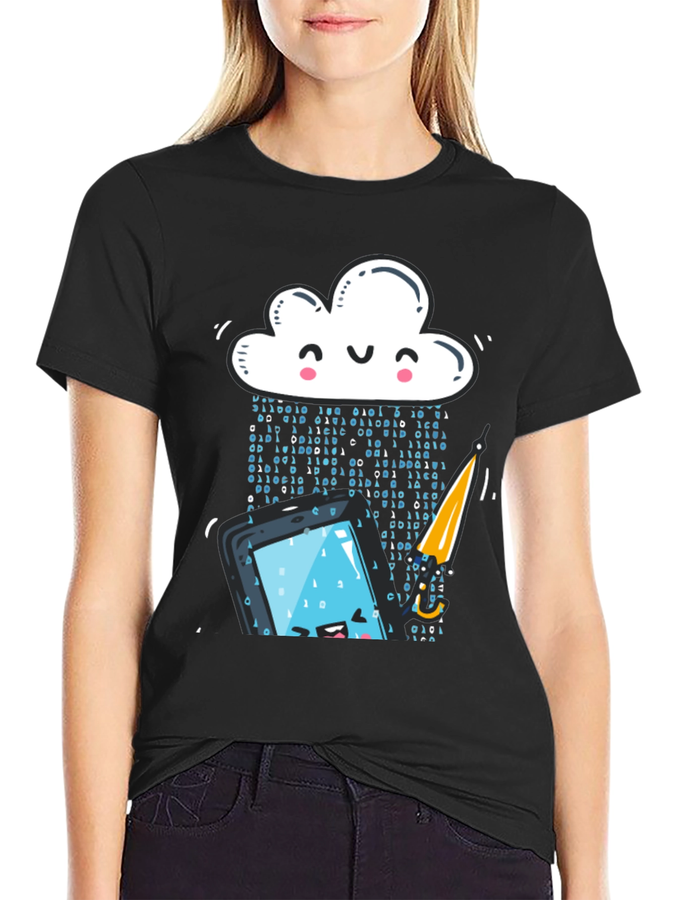 Funny Cloud Data Rain Smartphone Black T-Shirt