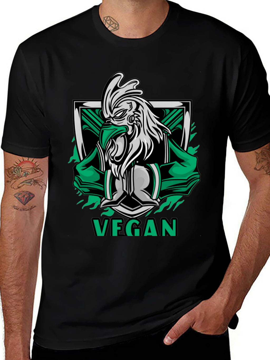 Vegan Rooster Graphic Tee - Black Cotton Shirt