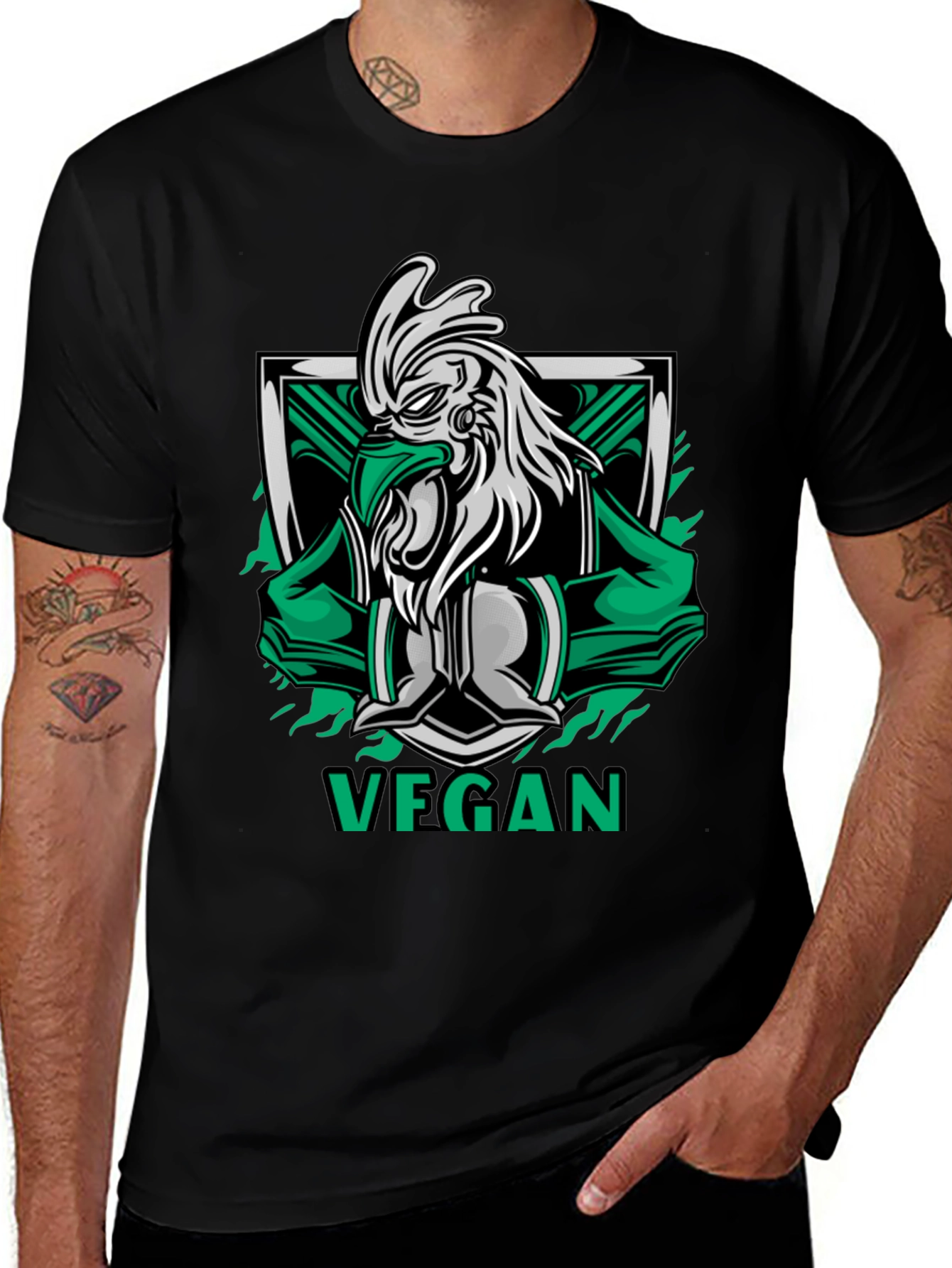 Vegan Rooster Graphic Tee - Black Cotton Shirt