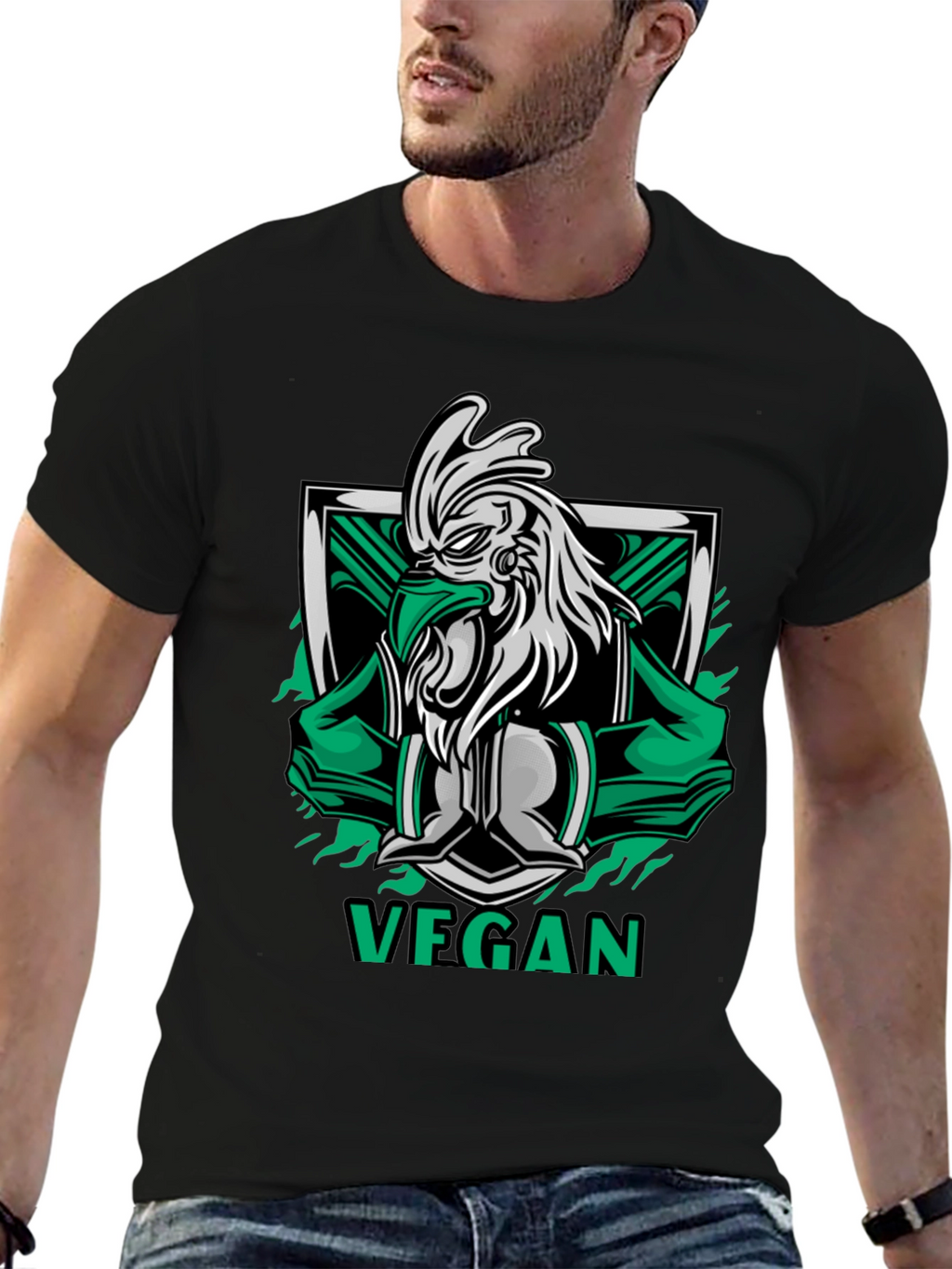 Vegan Rooster Graphic Tee - Black Cotton Shirt
