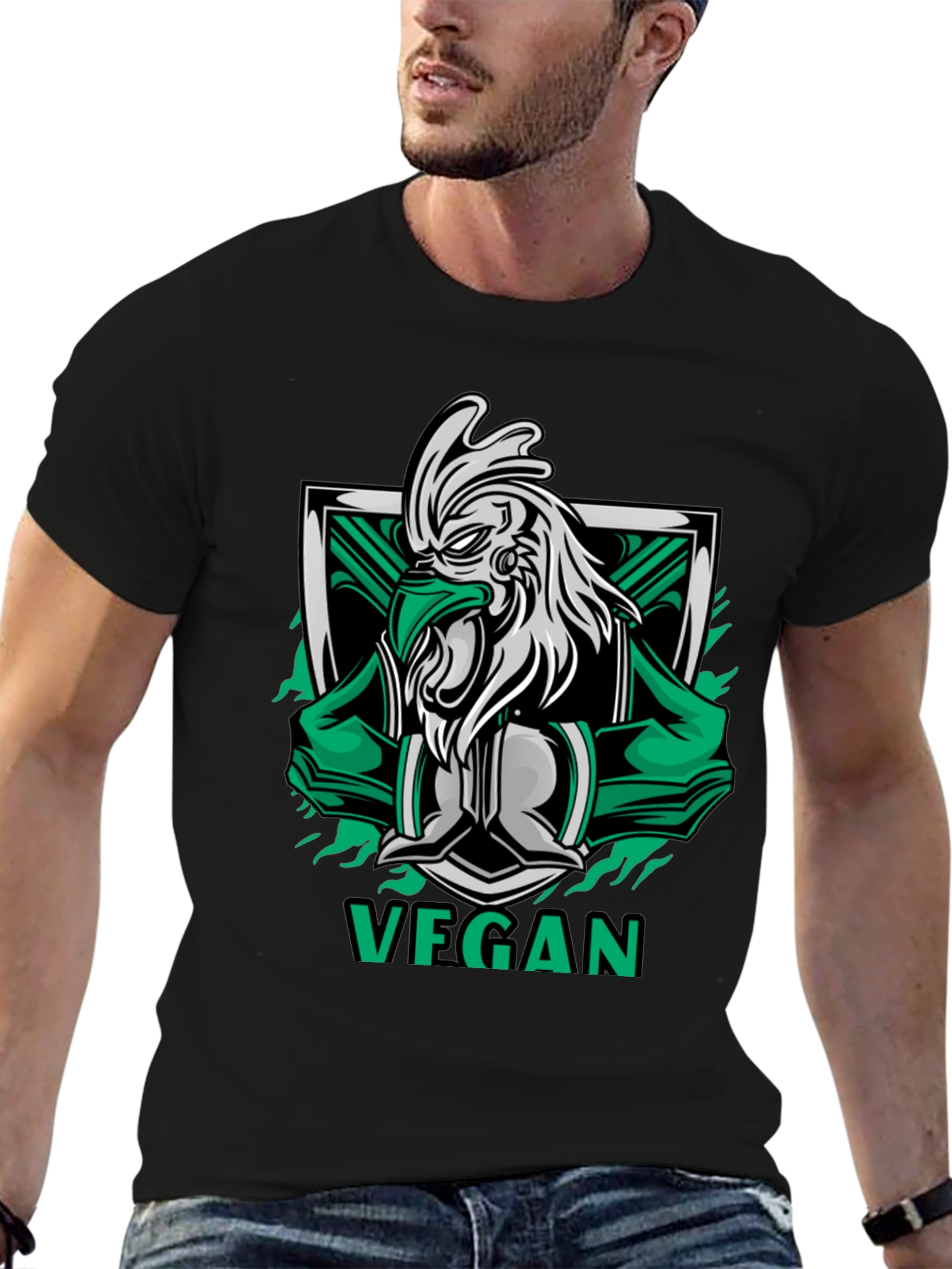 Vegan Rooster Graphic Tee - Black Cotton Shirt