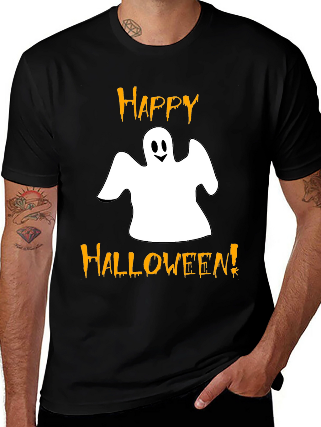 Happy Halloween Ghost Graphic Tee - Black
