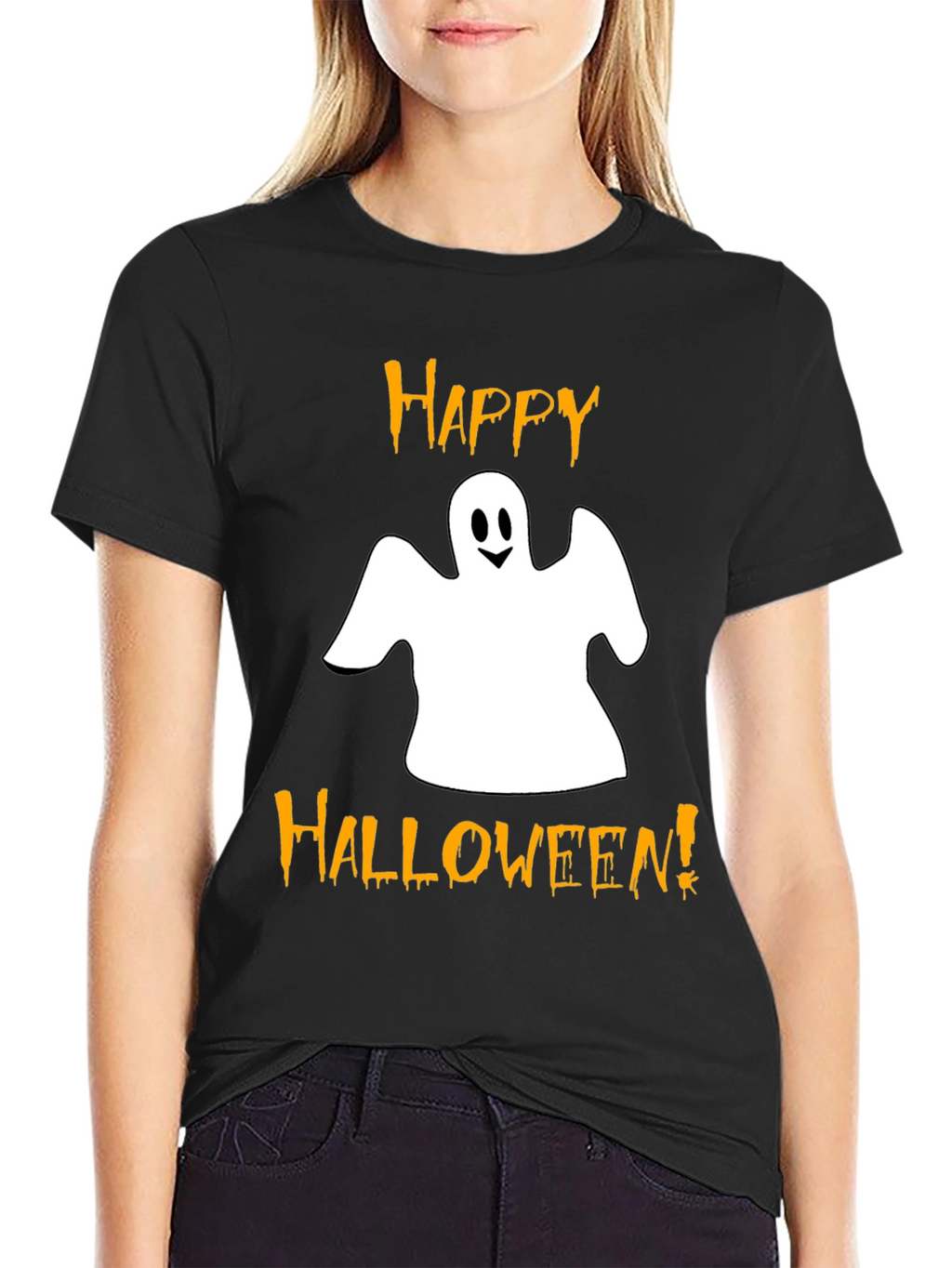 Happy Halloween Ghost Graphic Tee - Black