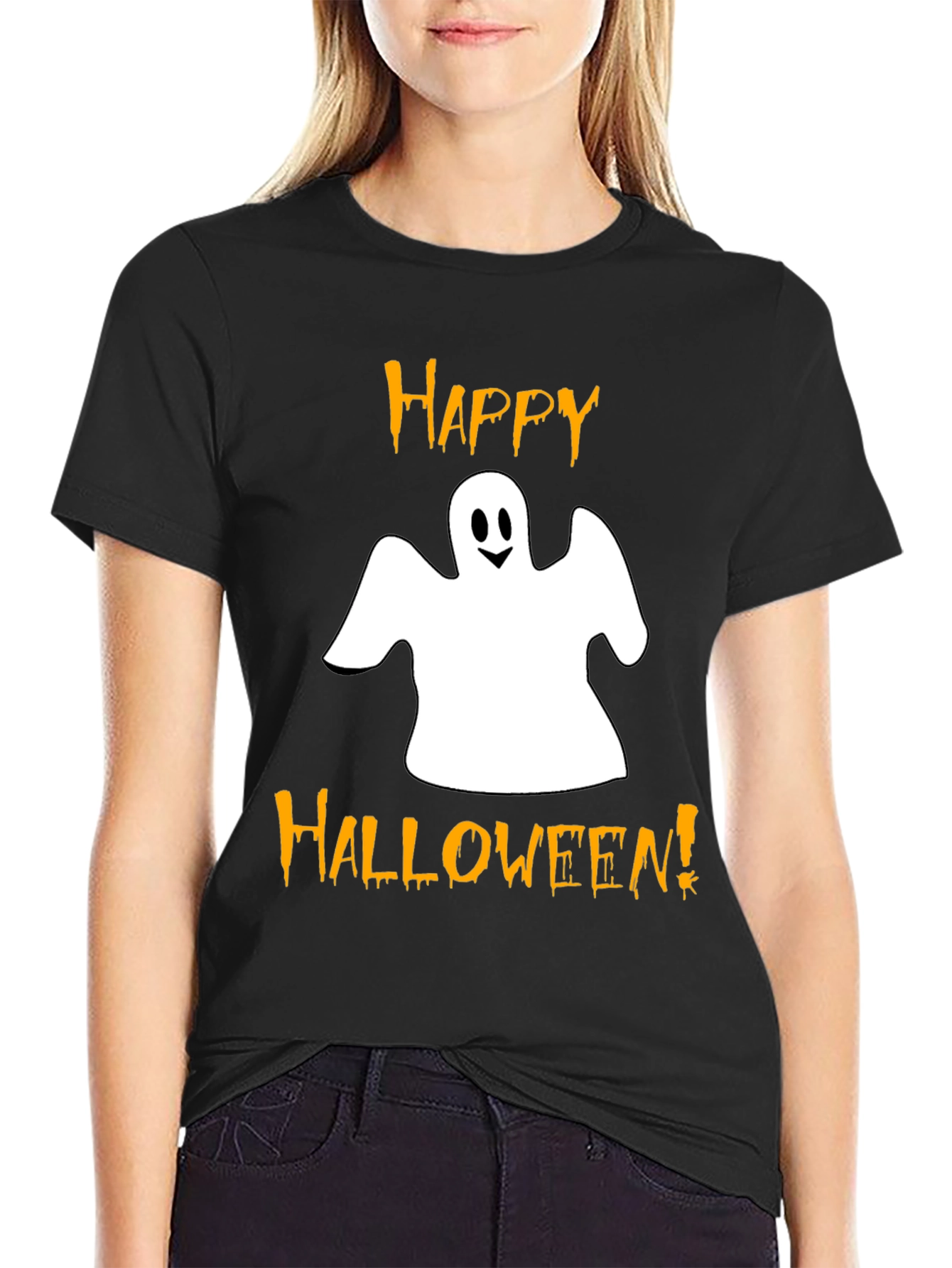 Happy Halloween Ghost Graphic Tee - Black