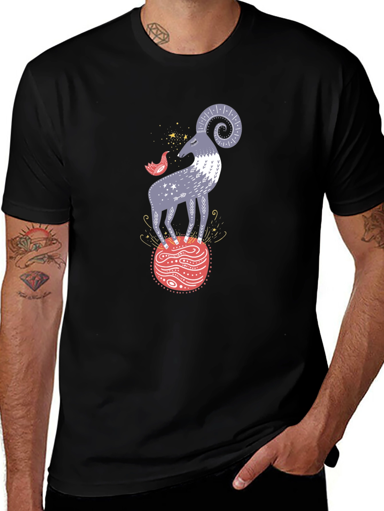 Ram and Bird Graphic Tee - Unique Design