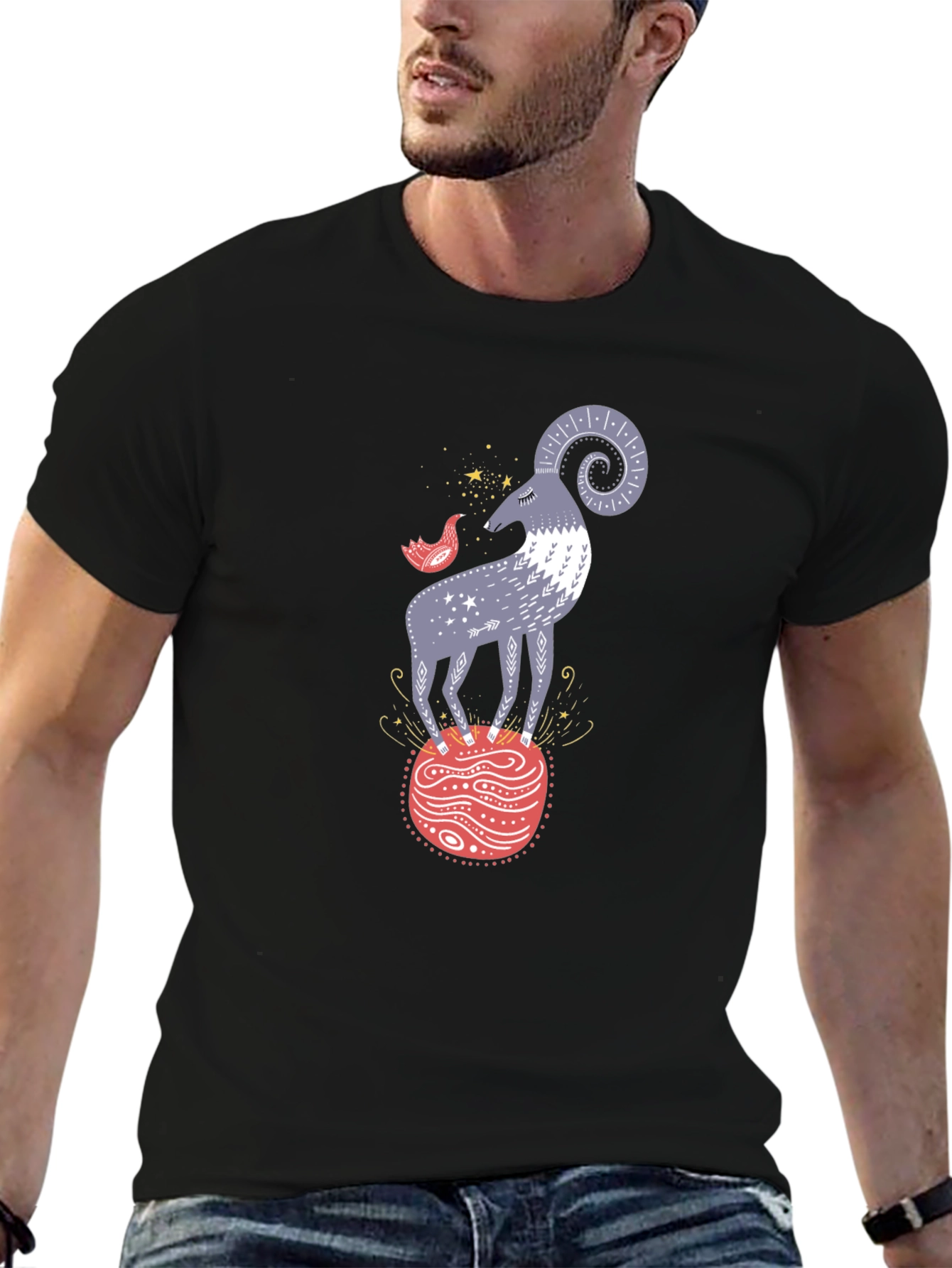 Ram and Bird Graphic Tee - Unique Design