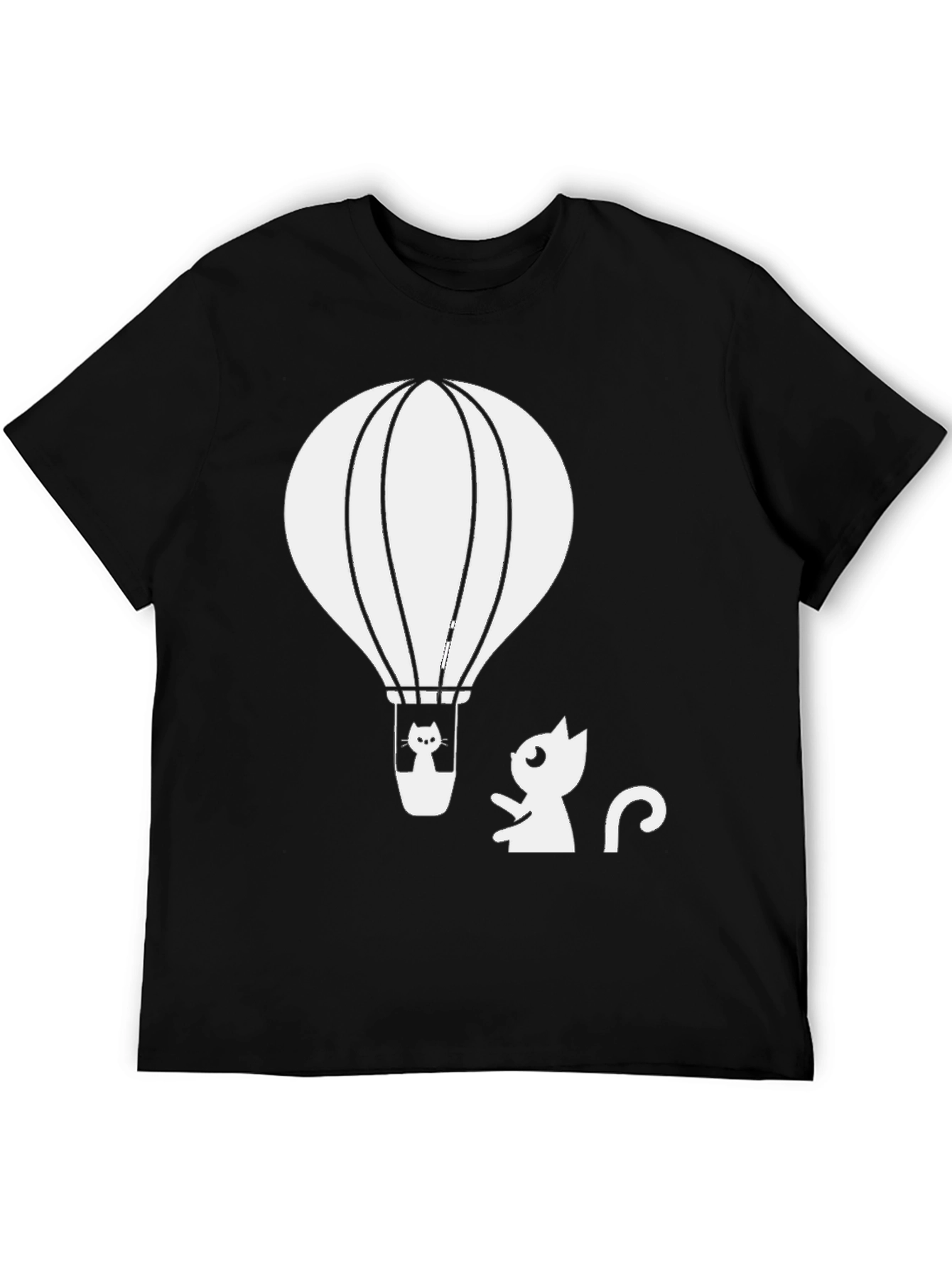 Cat Hot Air Balloon Graphic Tee - Black Cotton T-Shirt