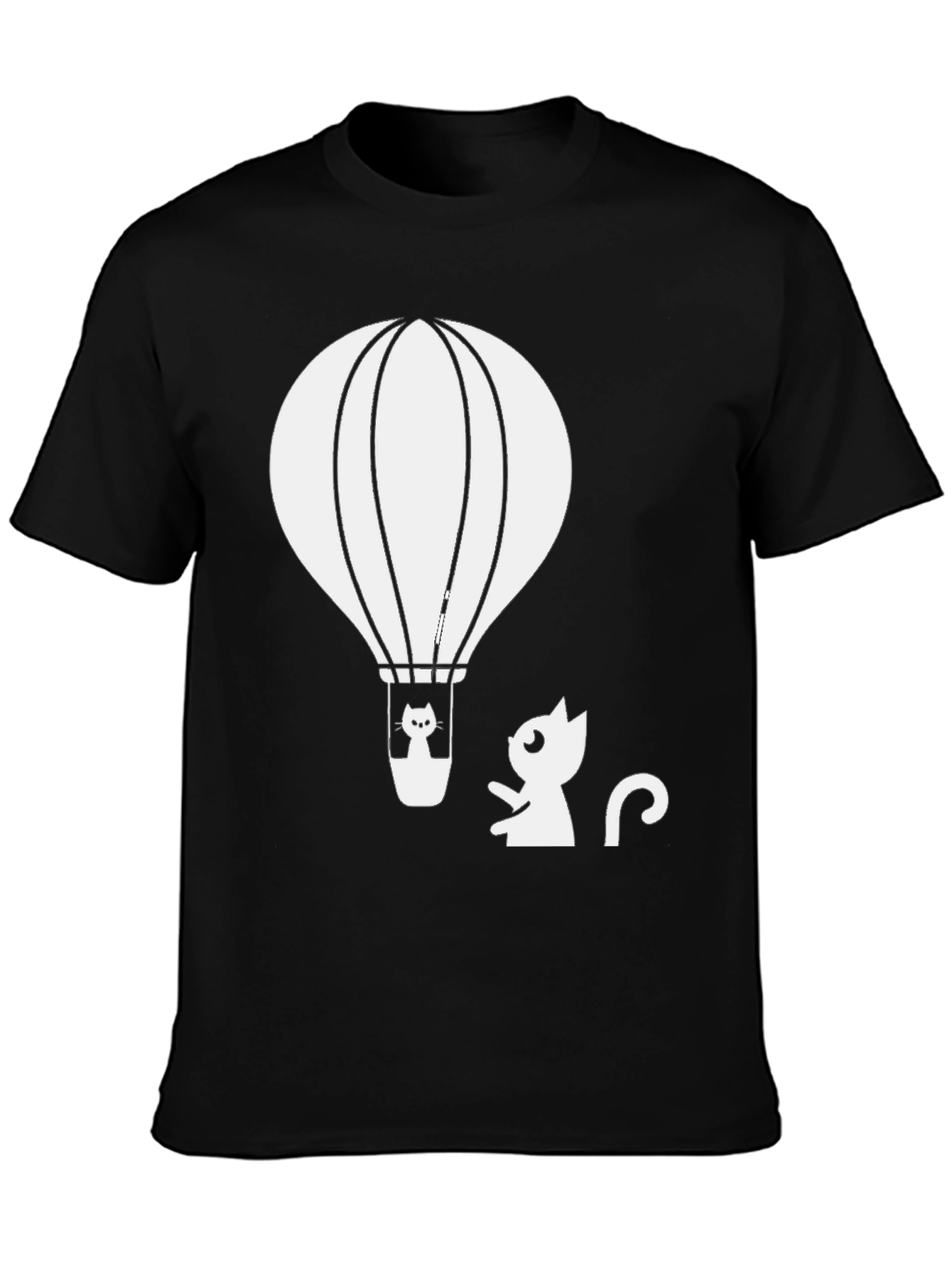 Cat Hot Air Balloon Graphic Tee - Black Cotton T-Shirt