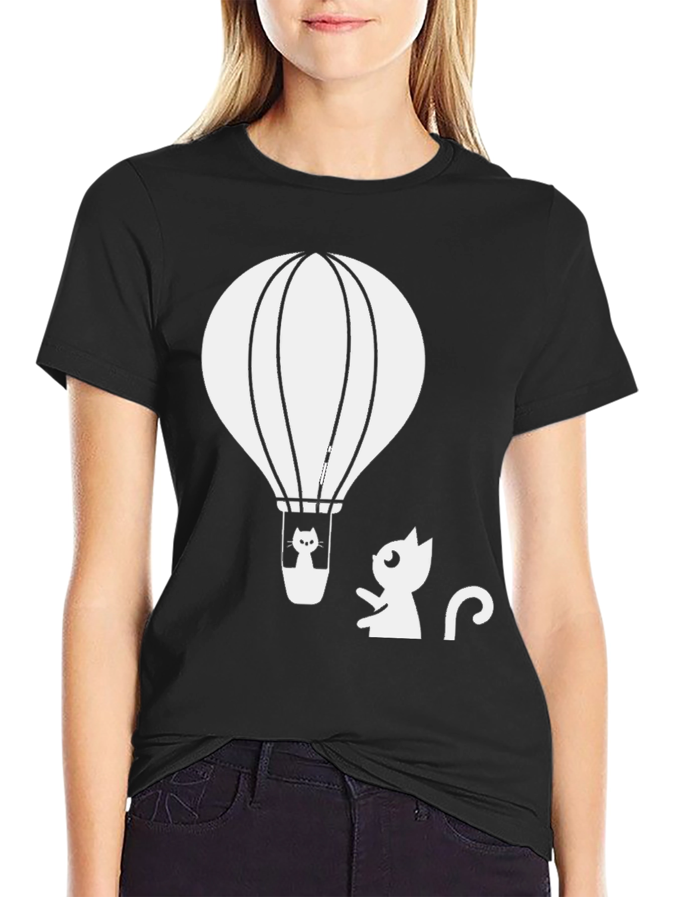 Cat Hot Air Balloon Graphic Tee - Black Cotton T-Shirt