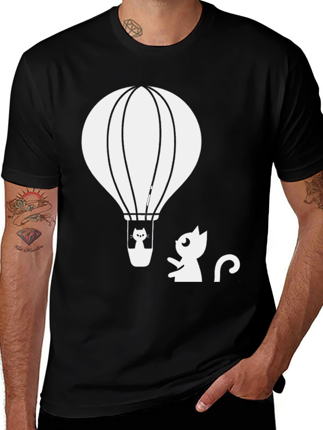 Cat Hot Air Balloon Graphic Tee - Black Cotton T-Shirt