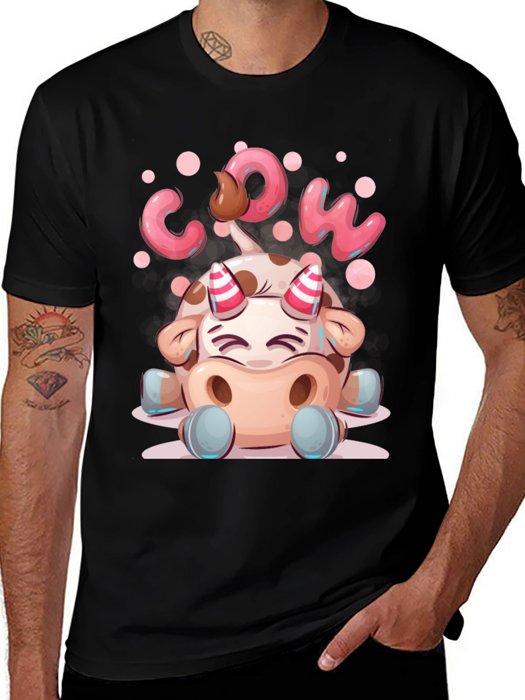 Cartoon Cow Graphic Tee - Black