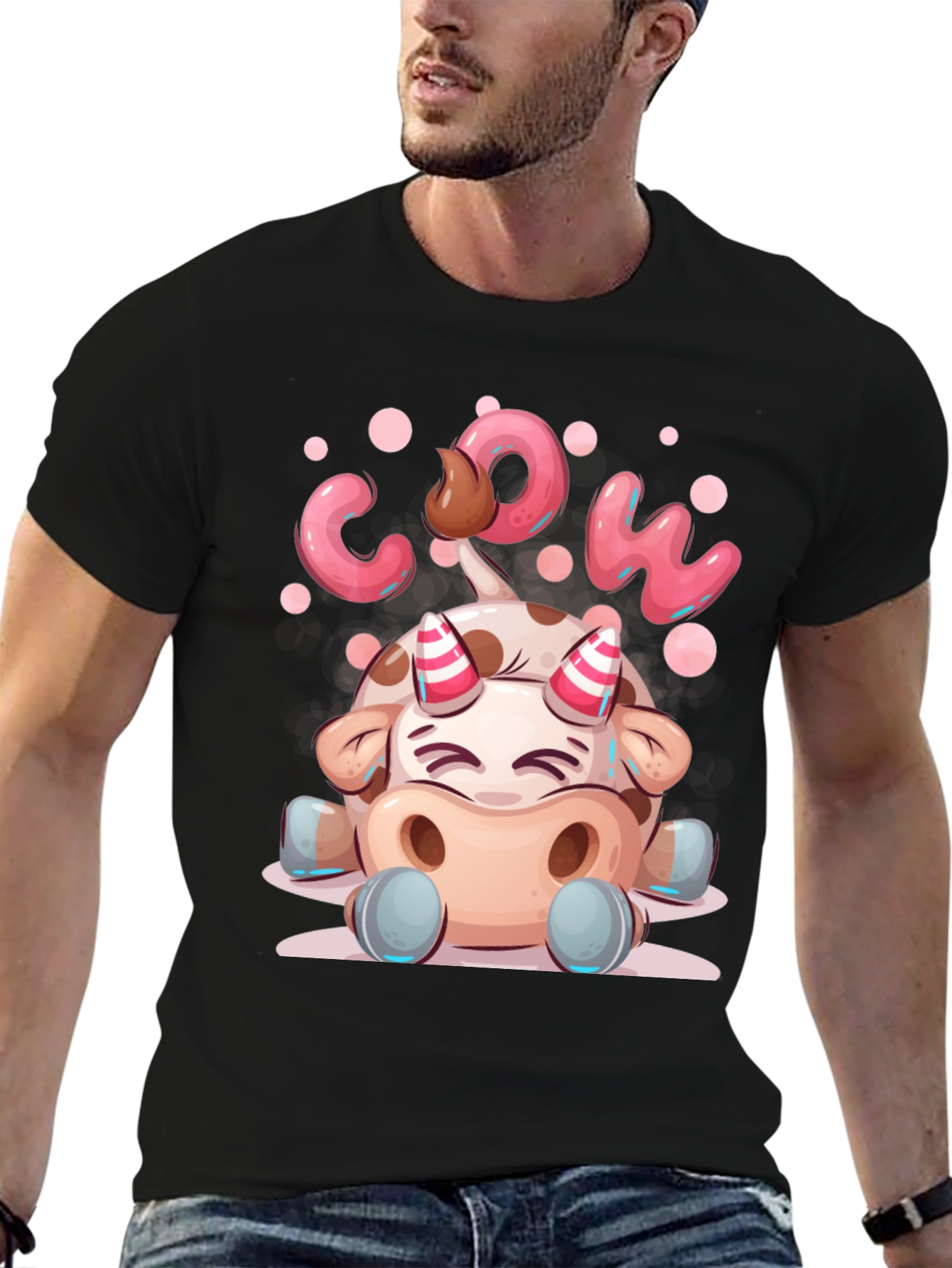Cartoon Cow Graphic Tee - Black