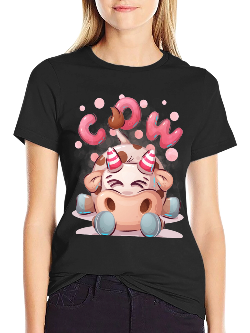 Cartoon Cow Graphic Tee - Black