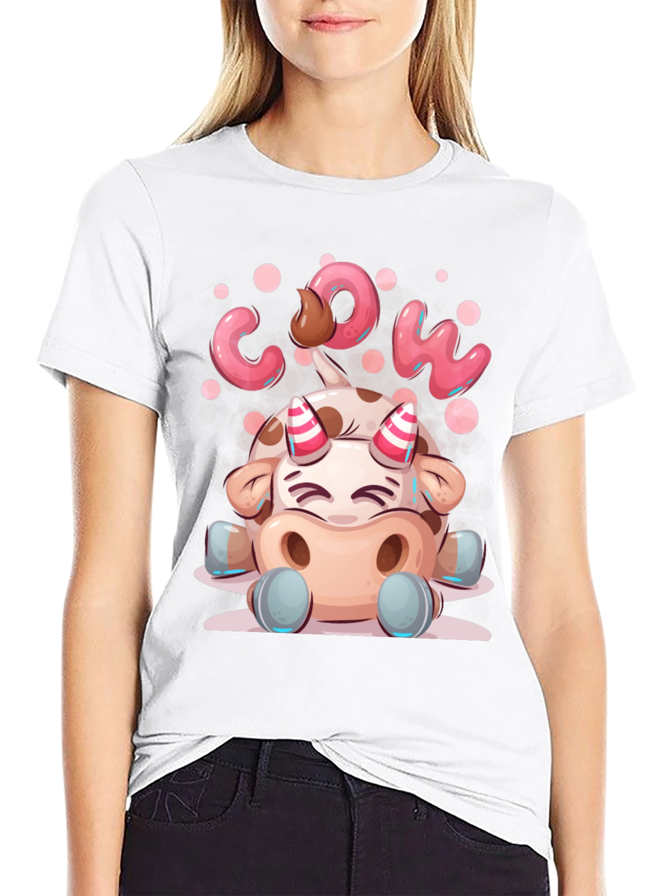 Cartoon Cow Graphic Tee - Black