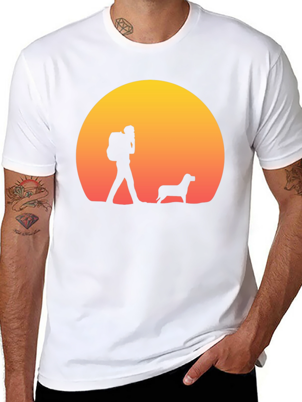 Hiker & Dog Sunset Silhouette T-Shirt