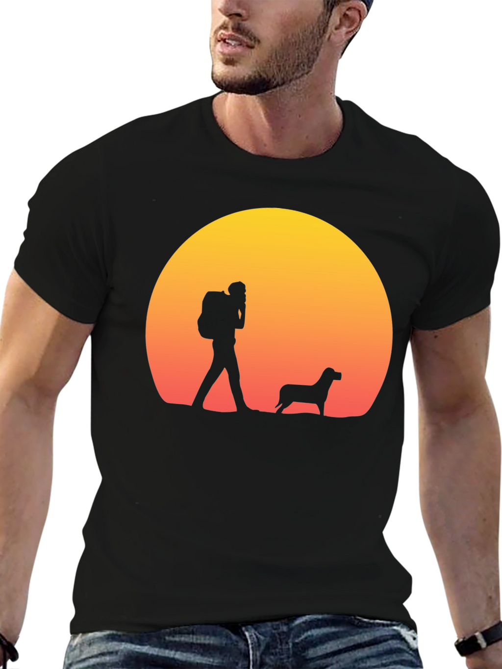 Hiker & Dog Sunset Silhouette T-Shirt