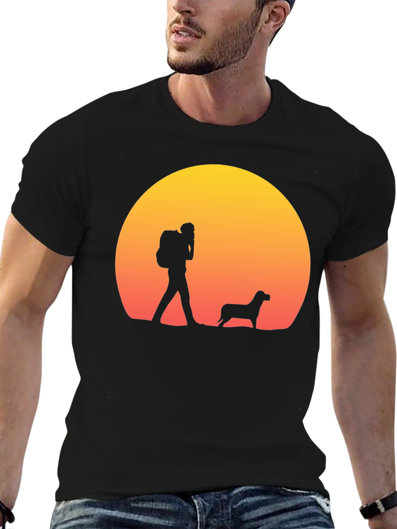 Hiker & Dog Sunset Silhouette T-Shirt