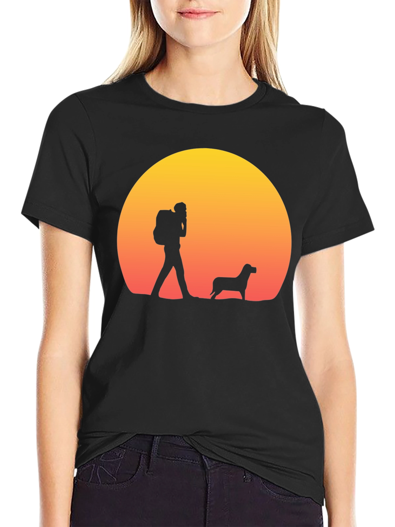 Hiker & Dog Sunset Silhouette T-Shirt