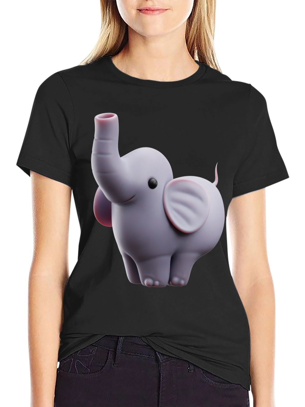 Cute Elephant Graphic Tee - Black Cotton Blend