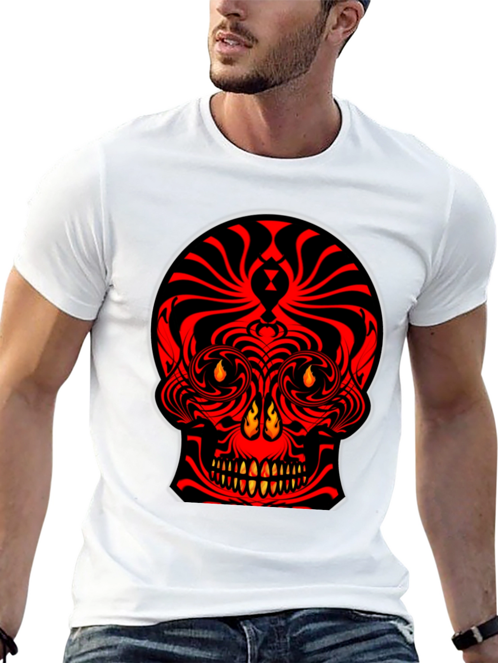 Fiery Skull Graphic Tee - Bold Red Design