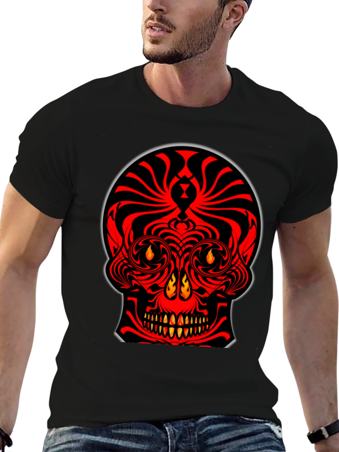 Fiery Skull Graphic Tee - Bold Red Design