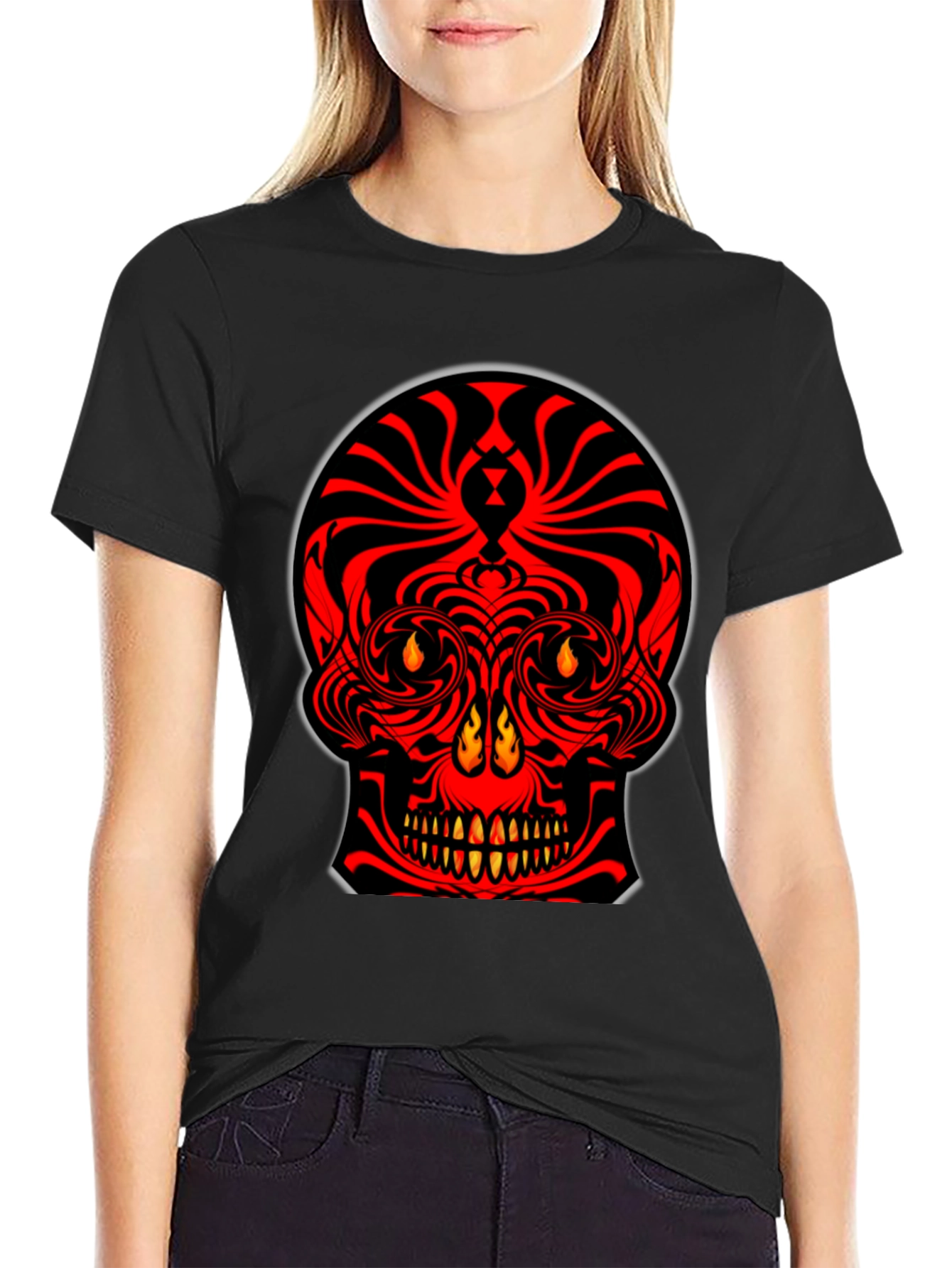Fiery Skull Graphic Tee - Bold Red Design