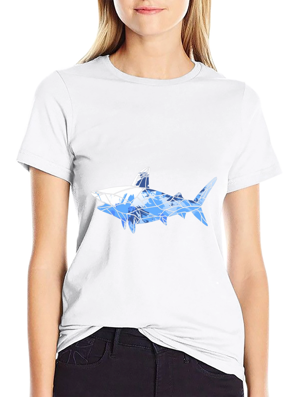 Geometric Shark Graphic Tee - Black Cotton Blend