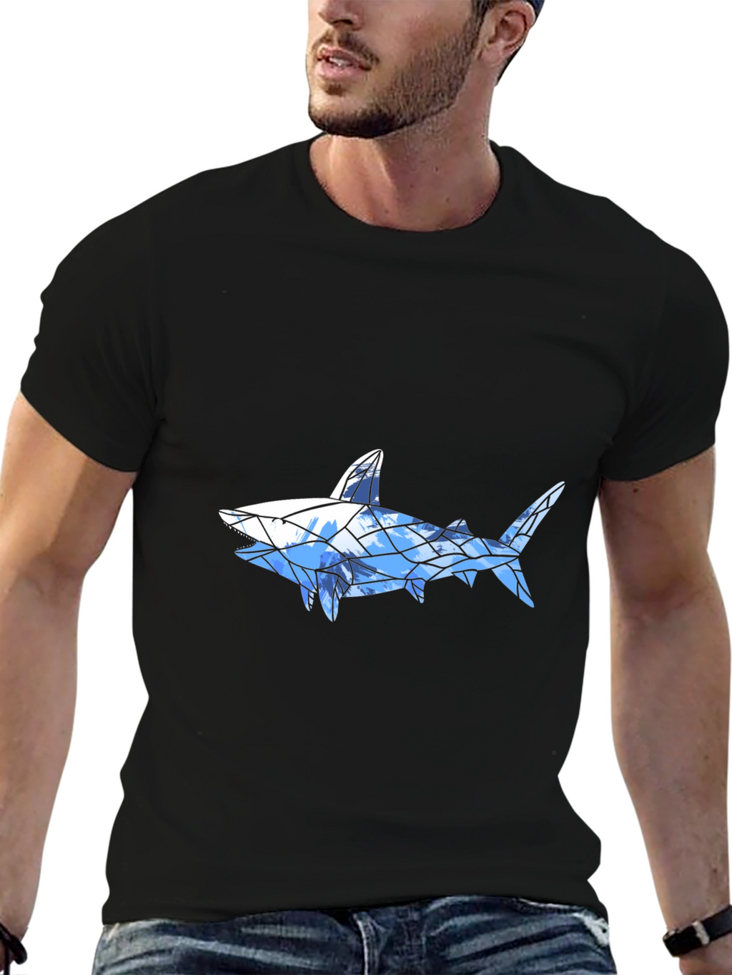 Geometric Shark Graphic Tee - Black Cotton Blend