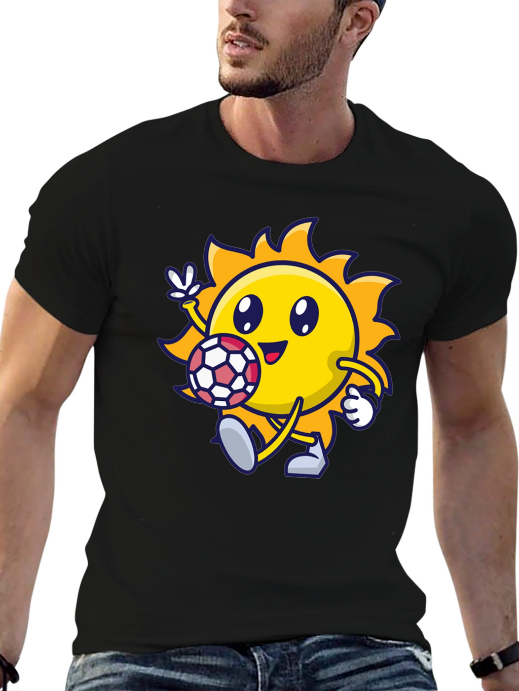 Cartoon Sun Soccer Black T-Shirt