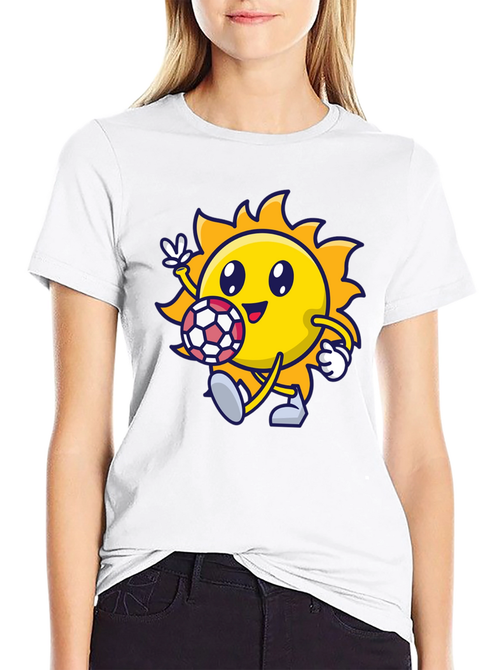 Cartoon Sun Soccer Black T-Shirt